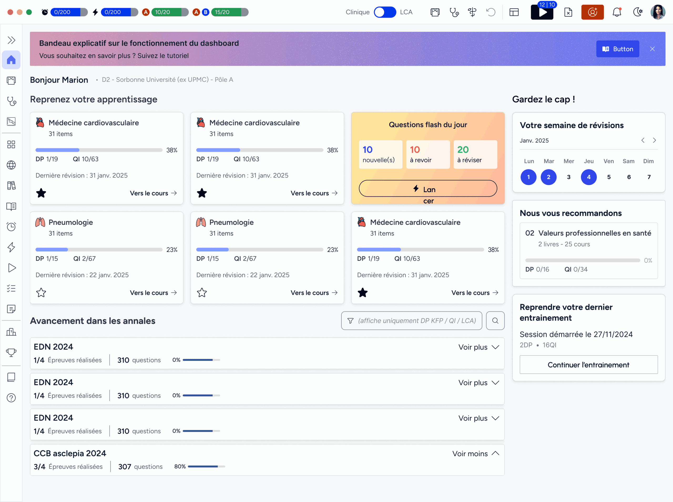 Tableau de bord de la plateforme asclepia